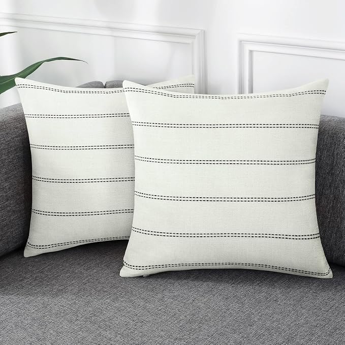 AmHoo Pack of 2 Farmhouse Stripe Check Throw Pillow Covers Set Case Cotton by AmHootextile