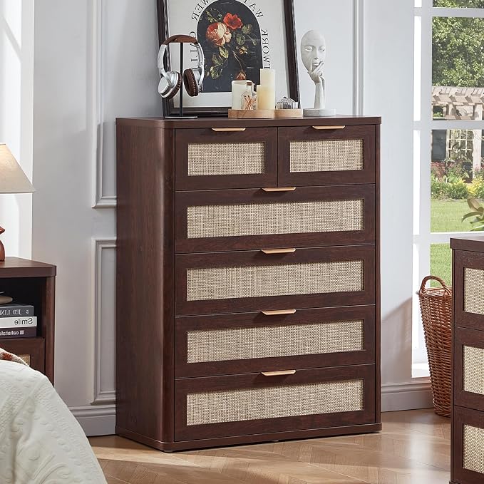 LEYAOYAO Rattan Dresser for Bedroom Set of 2, Modern 6 Drawers Boho Dressers - Image 5