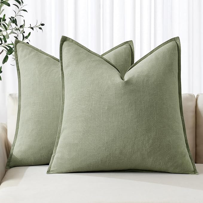 MIULEE Decorative Linen Pillow Covers 18x18 Inch Sage Green ​Boho Farmhouse​ by MIULEE