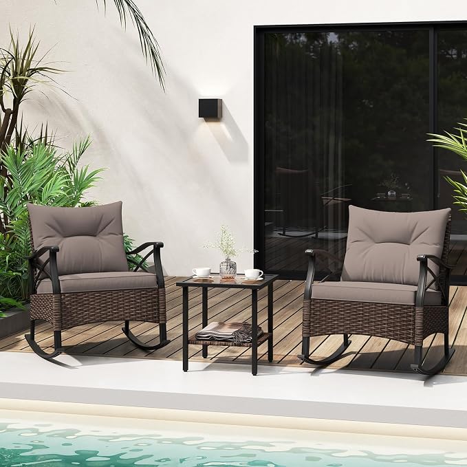 Tangkula 3 Pieces Outdoor Rocking Chairs Set, Rattan Heavy Duty Cushioned - Image 8