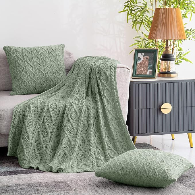Homiest Cable Knit Throw Blanket and Pillow Set, Sage Green Set of 3, Knitted - Image 3