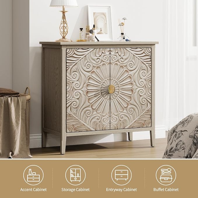 Carved Buffet Cabinet with Floral Pattern & Gold Handle, 31.5" W Distressed - Image 6
