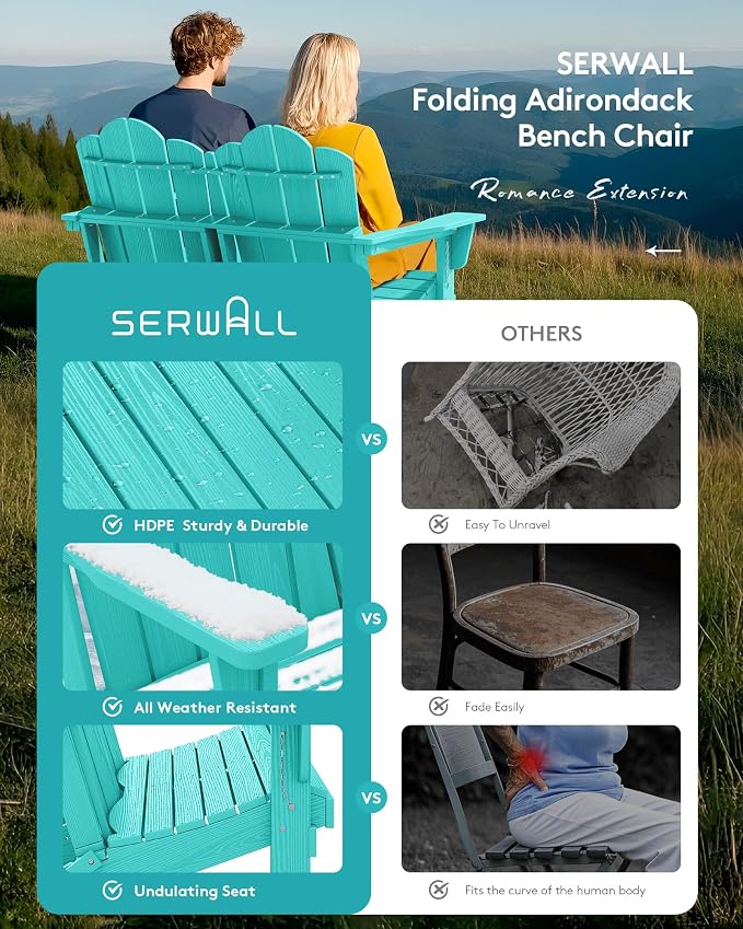 SERWALL Folding Adirondack Bench, HDPE All-Weather Adirondack Loveseat - Image 9