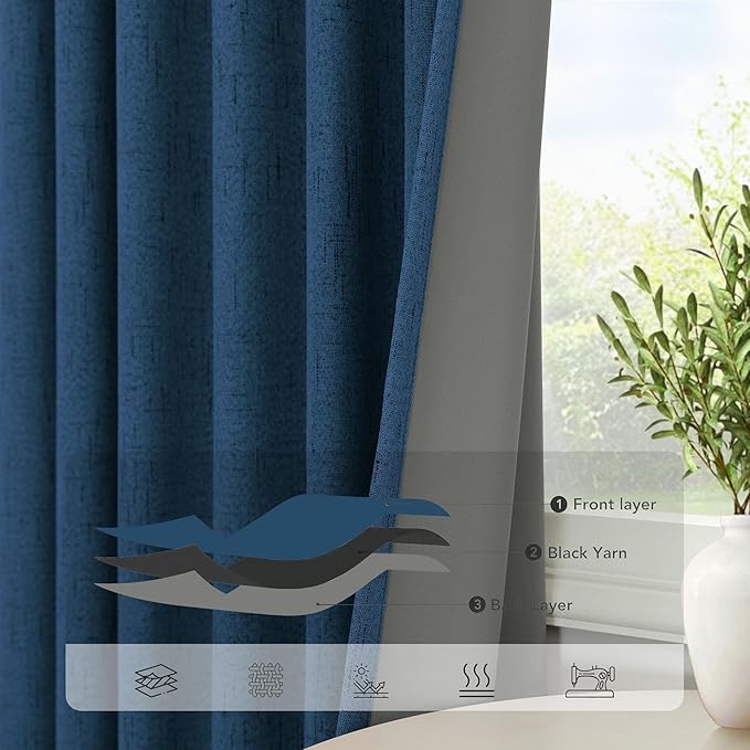 Navy Blue Curtains 108 Inches Long 2 Panel Faux Linen Nautical Modern Farmhouse - Image 5