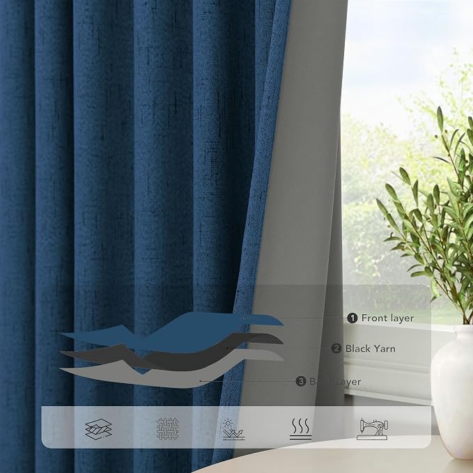 Navy Blue Black Out Curtains 96 Inches Long 2 Panels Linen Textured Blackout - Image 5