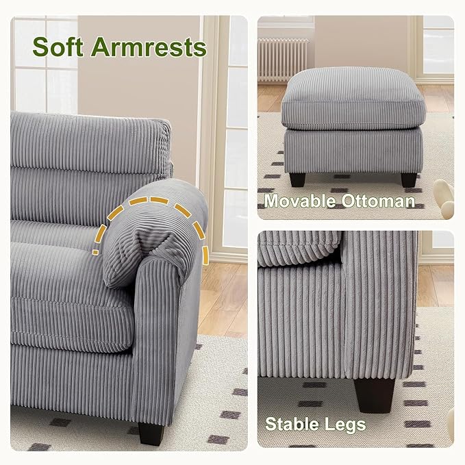 HAOMARKETS Corduroy 4-Piece Sofa Set, Upholstered Ottoman Set of 2, Loveseat - Image 5