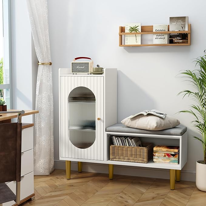 HLR Storage Bench with Glass Door&Shelf, Modern Entryway Shoe Cabinet Bench - Image 4