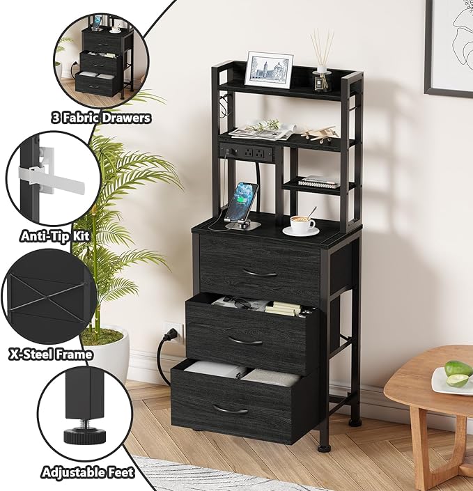 Furnulem Tall Night Stand with 3 Fabric Drawers and LED Lights, Nightstand with - Image 6