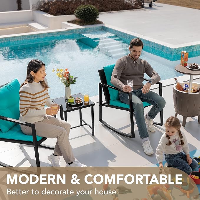 Devoko 3 Piece Rocking Bistro Set Wicker Patio Outdoor Furniture Porch Chairs - Image 2