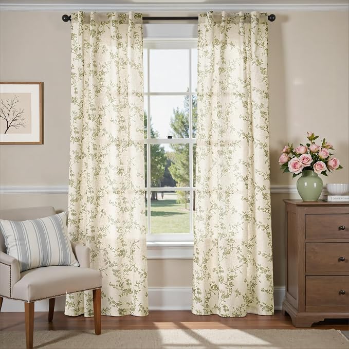 Lazzzy Green Floral Linen Curtains 90 Inch Farmhouse Back Tab Drapes - Image 2