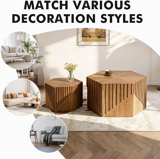 Hexagonal Nesting Coffee Table Set of 2, Wooden Fluted Coffee Table - Image 7