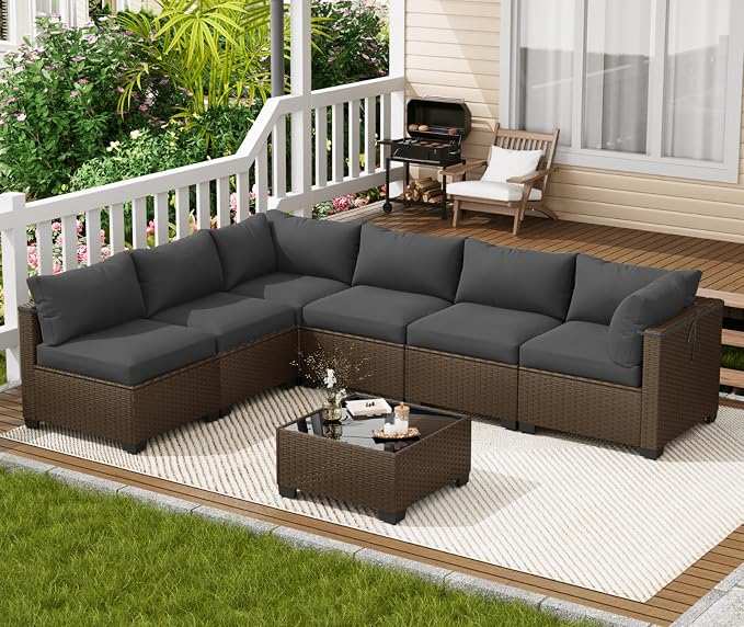 LOUVIXA 7 Piece Outdoor Patio Furniture Set, Outdoor Sectional Sofa, Wicker - Image 7