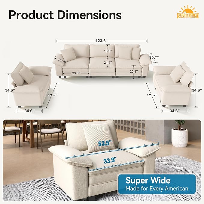 SUNSHINE VALLEY 3 Piece Living Room Sofa Furniture Set, Chenille 2 Comfy Cloud - Image 2