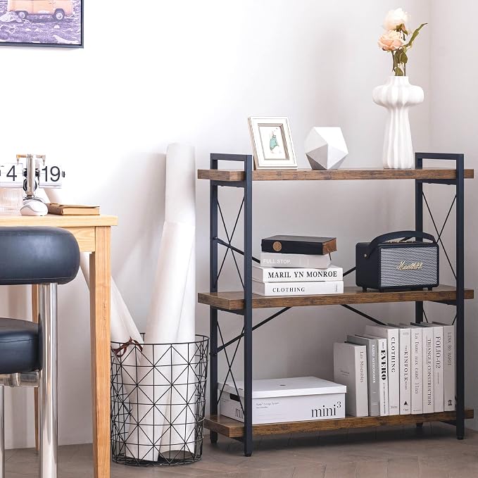 HCHQHS Bookshelf, 3-Tier Industrial Bookcase, Rustic Open Book Shelf, Wood and - Image 8