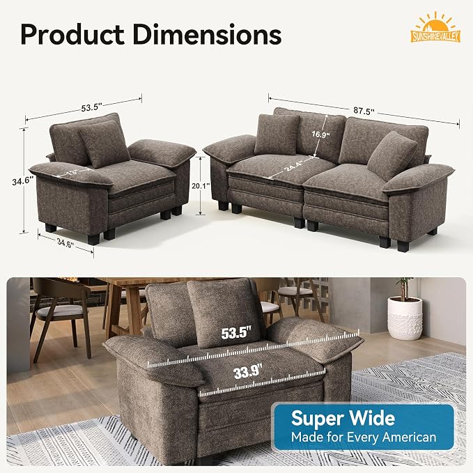 SUNSHINE VALLEY 87.5'' Oversized Loveseat Couch and Chair Set, 3-Seat Chenille - Image 8