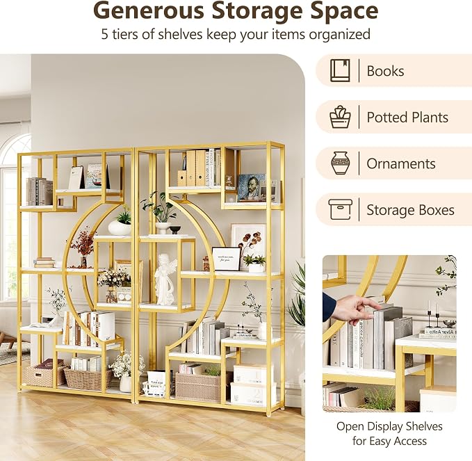 LGHM 79" W Luxury Marble-Patterned White Gold Bookshelf, Modern Geometric - Image 3