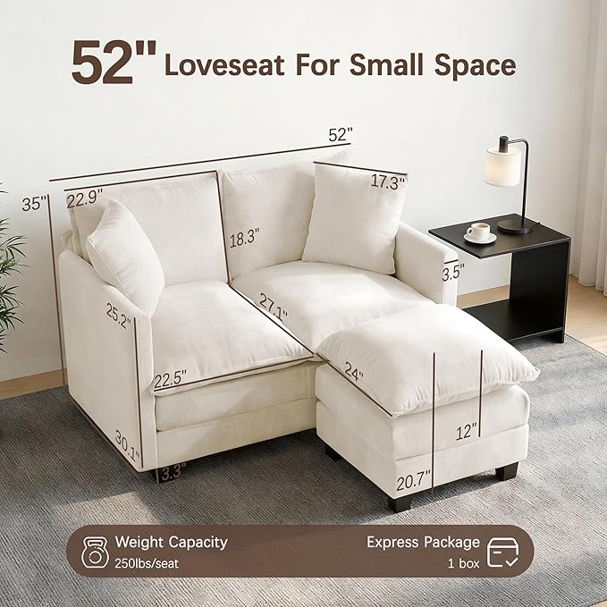 Loveseat Sofa with Ottoman, Comfy Chenille Small Couch - Image 2