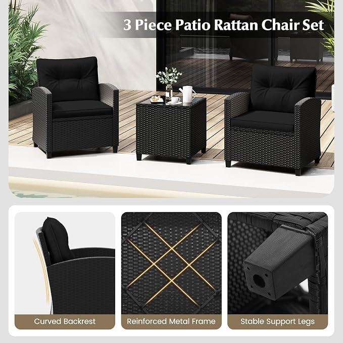 Tangkula 3 Piece Patio Furniture Set, Rattan Conversation Set w/Soft Seat & - Image 4