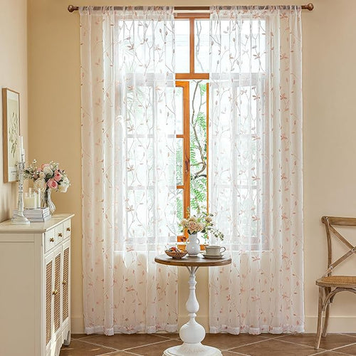 AmHoo 2 Panels Embroidered Leaf Pattern Semi Sheer Curtains Foliage Floral - Image 2