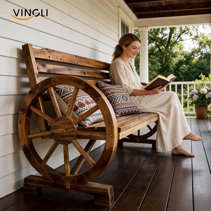 VINGLI Rustic Wooden Wheel Bench Outdoor Bench, Patio Bench Wagon Slatted Seat - Image 7