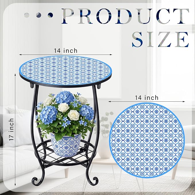 Cinnvoice Outdoor Side Table Round Small Mosaic Patio Accent Indoor End Plant - Image 3
