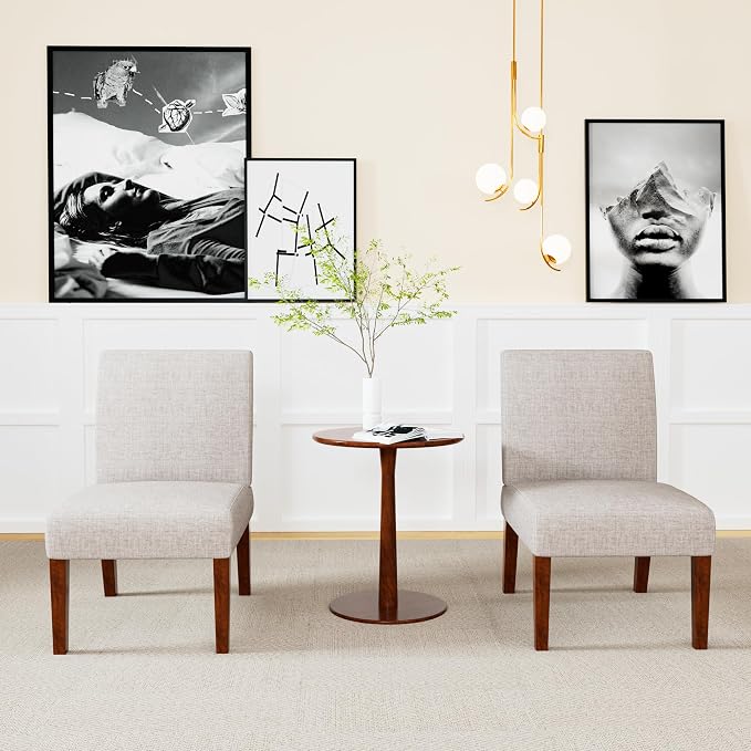 Set of 2 Accent Chairs with Matching Table, Linen Upholstered Solid Wood Side - Image 6
