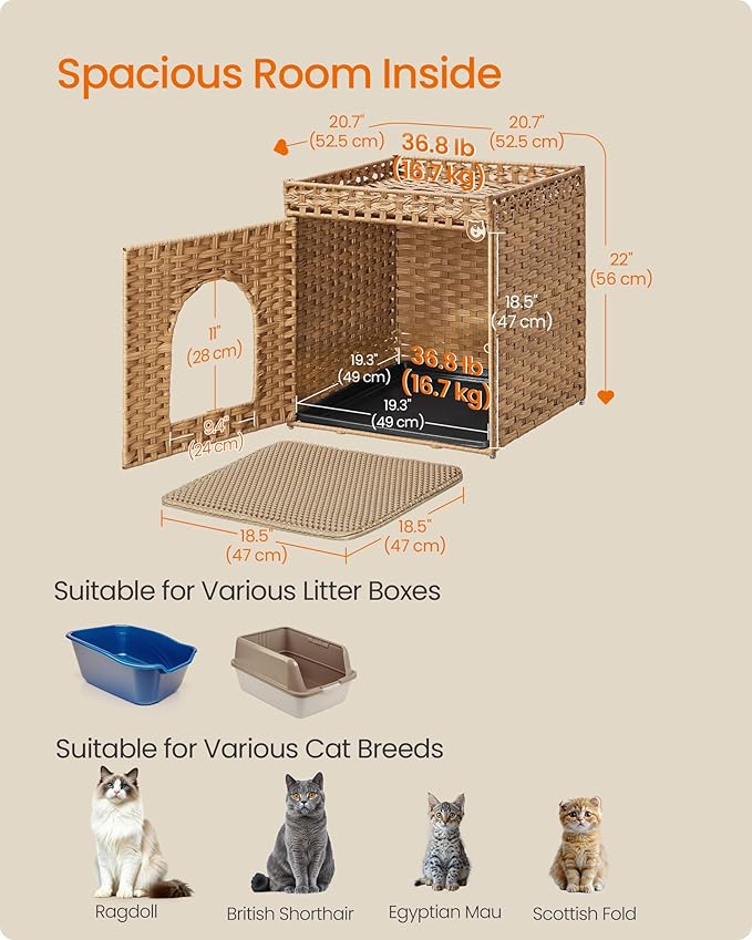 Feandrea Cat Litter Box Enclosure, Handwoven Rattan Hidden Litter Box Furniture - Image 6
