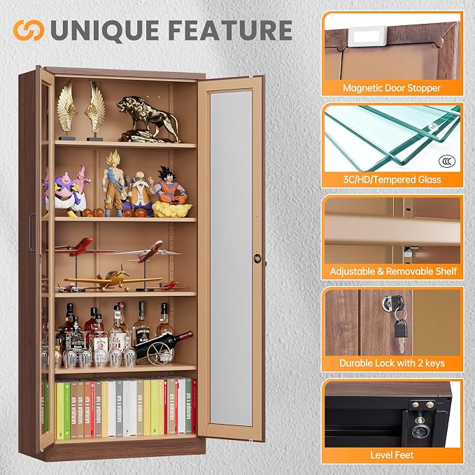 Locking Display Cabinet with Glass Door, 71”H Metal Curio Cabinets with - Image 7
