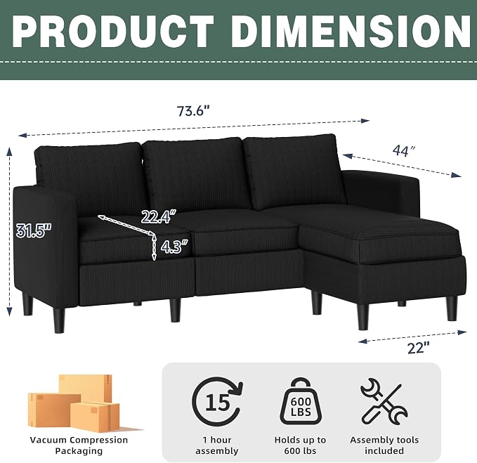 SUNLEI L-Shaped Sectional Sofa, Sectional Couches - Image 3