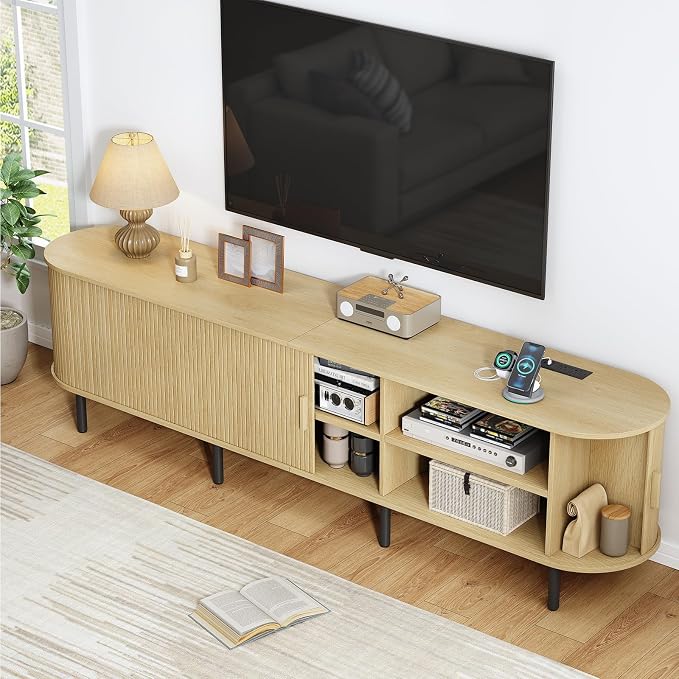 86.6" TV Stand with Power Outlet, Mid-Century Modern Television Stand, Fluted - Image 3
