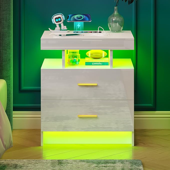 WOOVIVS Night Stand Set 2 with USB/Type-C/Wireless Charging Station, Modern - Image 2