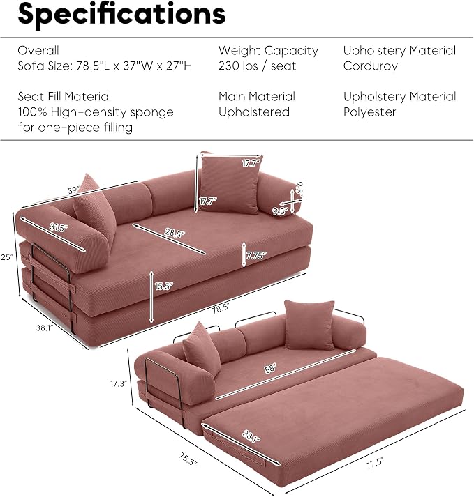 ZEIINPA 78.5 Inch Convertible Sleeper Sofa Bed, 5 in-1 Boneless Floor Couch Bed - Image 2