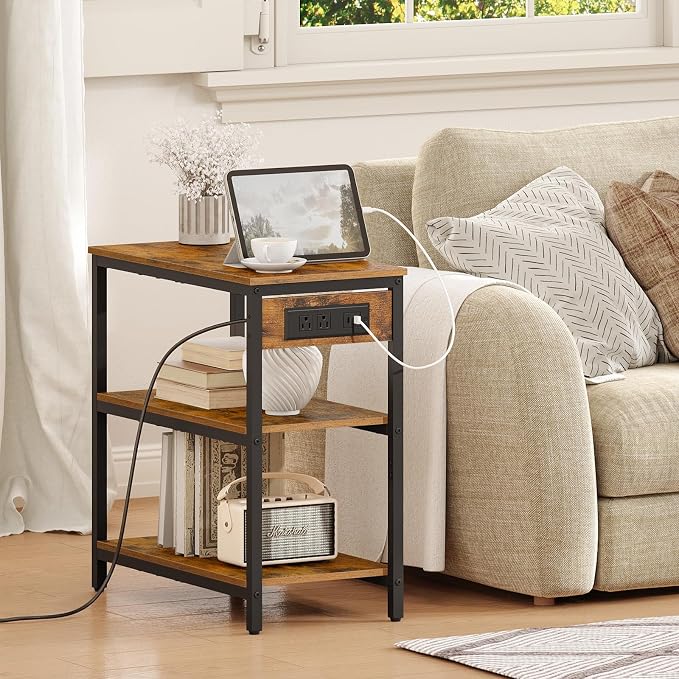 HOOBRO End Table with Charging Station, Simple Rustic Side Table with 3-Tier - Image 2