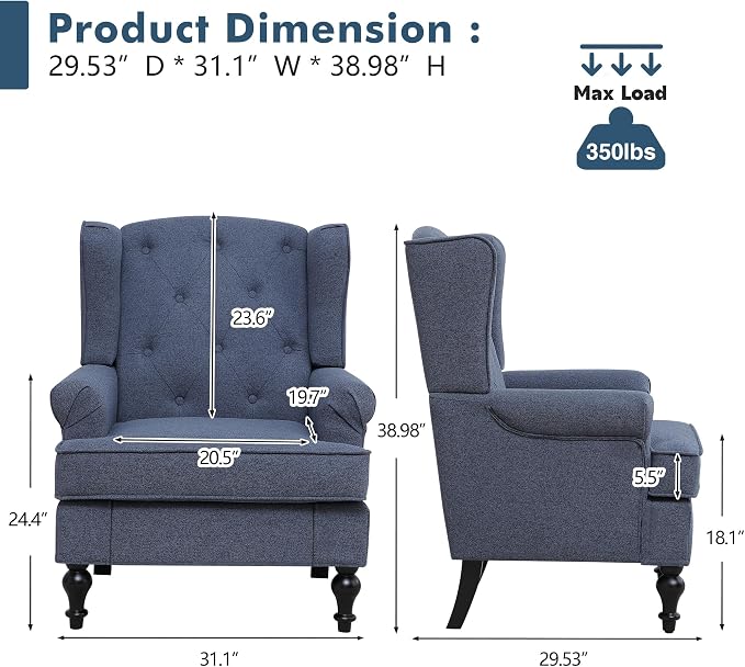 Accent Chair Set of 2, Mid Century Modern Fabric Wingback Chair, Upholstered - Image 2