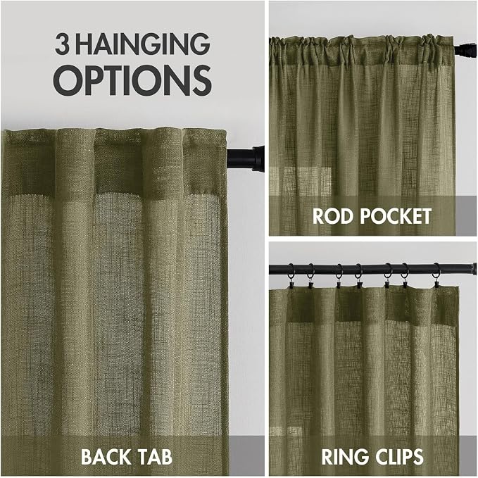MIULEE Light Olive Green Linen Curtains 108 Inches Long 2 Panels - Image 3