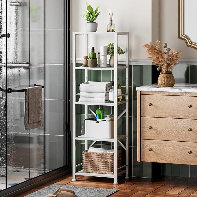 Furologee White Bookshelf 5 Tier Bookcase, Tall Narrow Bookshelves, Modern - Image 2