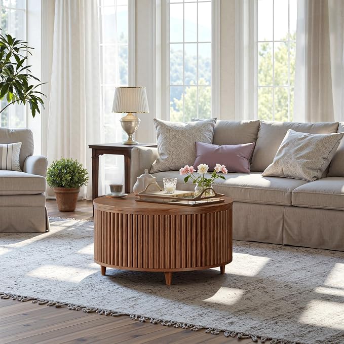 Evermagin 31.5'' Round Coffee Table, Fluted Lift Top Oak Coffee Table - Image 4