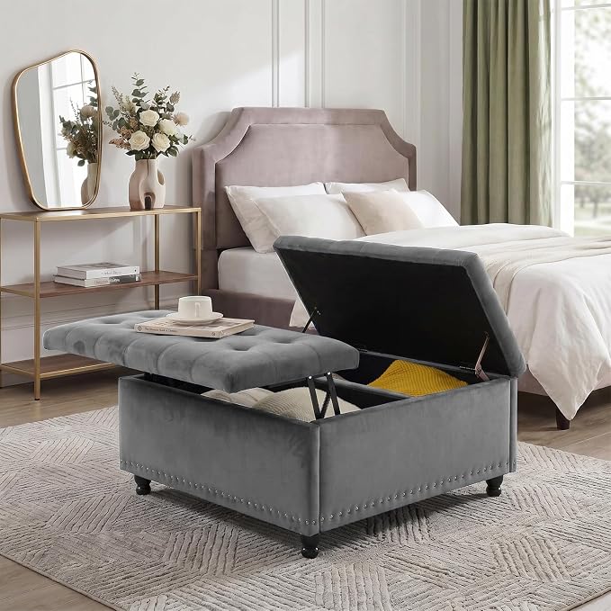Tbfit Large Square Storage Ottoman Bench, Tufted Upholstered Coffee Table - Image 7
