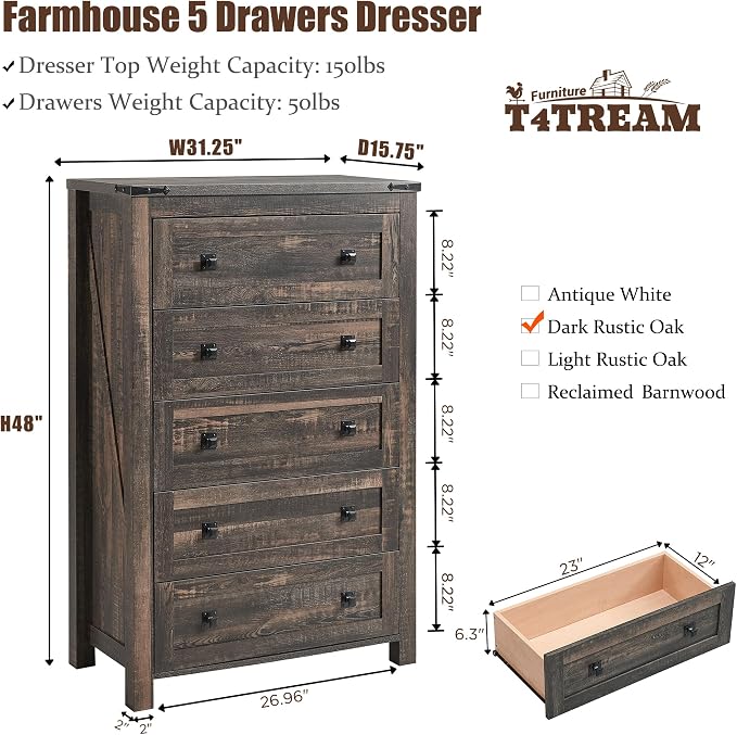 T4TREAM Farmhouse 5 Drawers Dresser Chests - Image 2