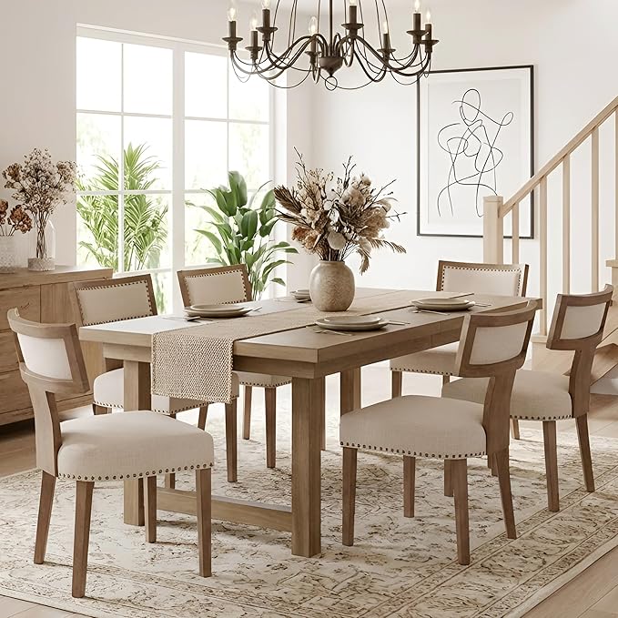 HNY Mid Century Modern Dining Chairs Set of 6, Farmhouse Linen Fabric by HNY