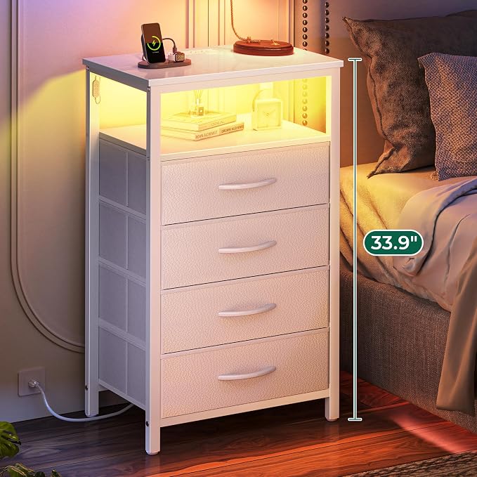 Huuger Night Stand with Charger Station and LED Lights, 4 Drawer Nightstand - Image 4