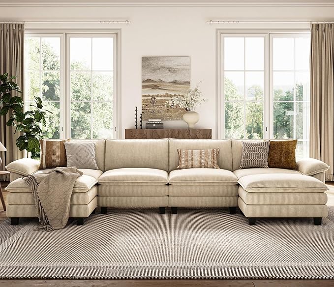 LINSY HOME 157" Modular U-Shaped Sectional Sofa, 4-Seat Corduroy Modern Cloud - Image 8