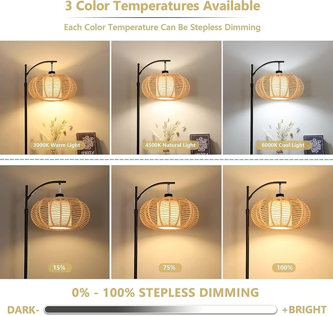 ZECOXOL Arc Floor Lamps for Living Room Bedroom Rattan Boho Floor Lamp - Image 2