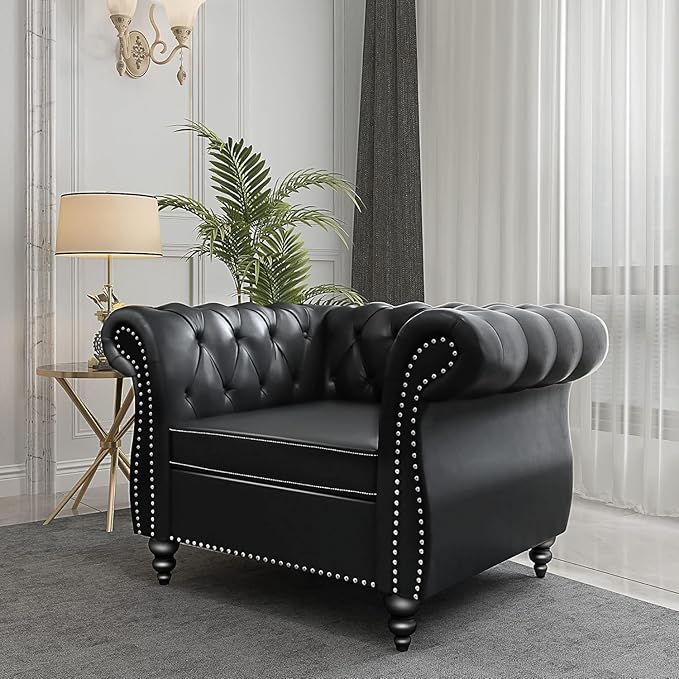 Living Room Chair, Modern Leather Chesterfield Sofa Chair, Mid Century Single - Image 3