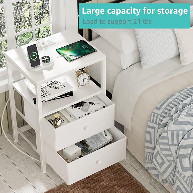 BOLUO White Nightstand with Charging Station, LED Night Stand with 2 Fabric - Image 4