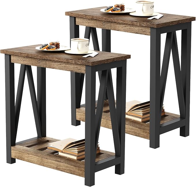 ChooChoo Farmhouse End Table Set of 2, Rustic Vintage Narrow End Side Table by ChooChoo