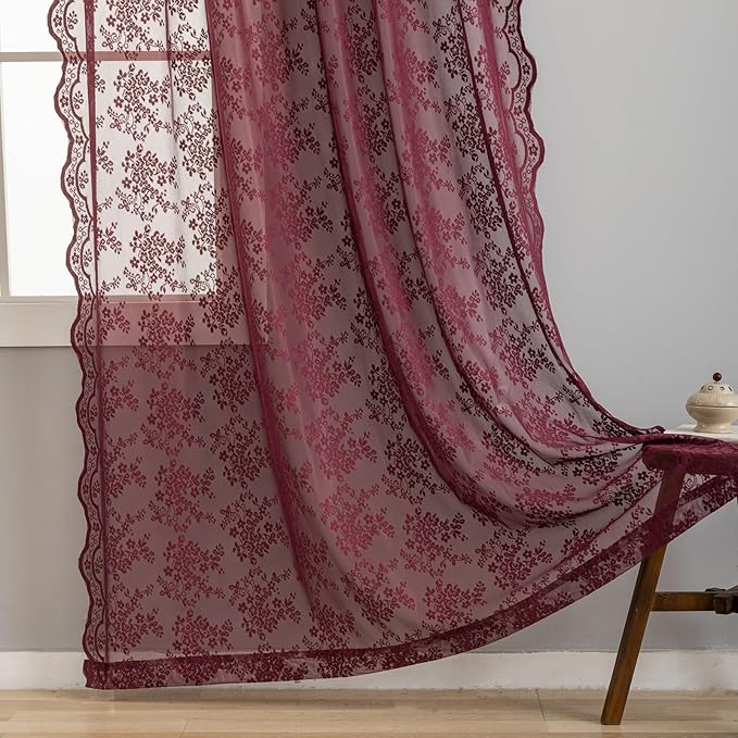 YJ YANJUN Vintage Lace Curtains 72 Inch Length -Dark Maroon Curtains by YJYANJUN