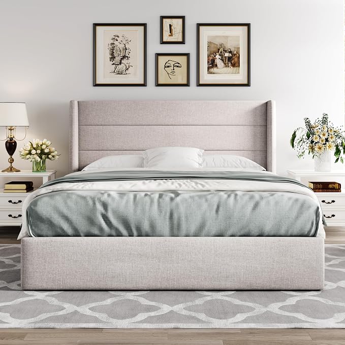 Allewie Full Size Lift Up Storage Bed, Modern Wingback Headboard, Hydraulic - Image 6