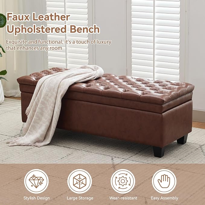 WUTUTUEE 50" Faux Leather Storage Ottoman Bench, Upholstered Rectangle End of - Image 6