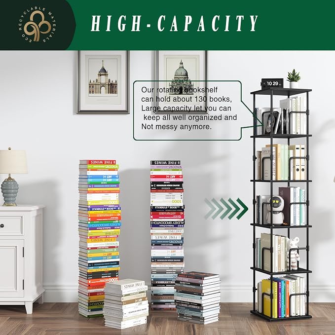 5-Tier Rotating Bookshelf, Freestanding Corner Bookshelf Industrial Style - Image 3